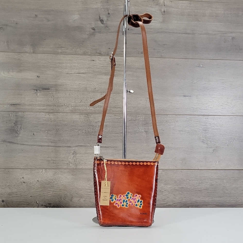 Handpainted Brown Leather Crossbody Bag with Floral Detail